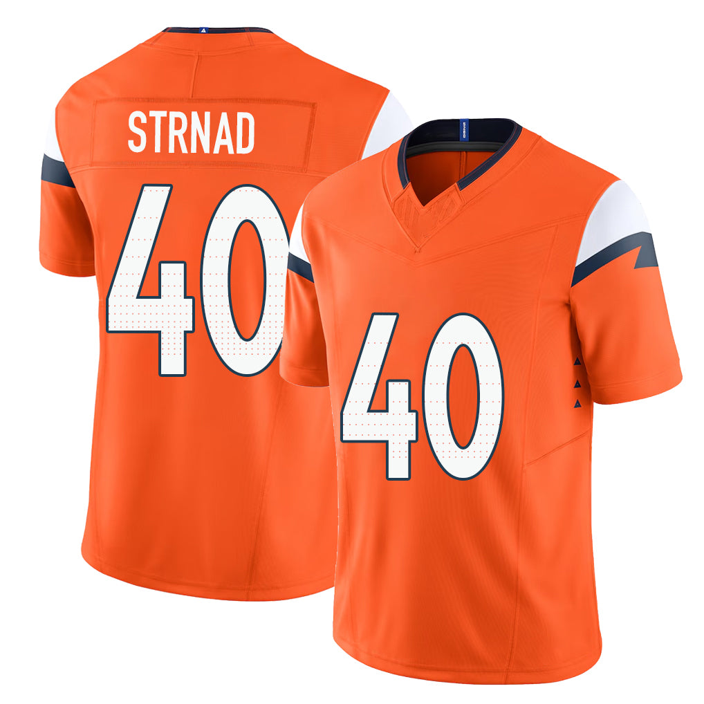 Denver #40 Strnad Player Football V Neck Short Sleeve Jersey Orange Justin For Men Youth Women Gift