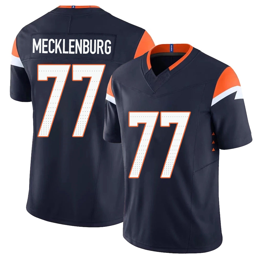 Denver #77 Mecklenburg Player Football V Neck Short Sleeve Navy Jersey Karl For Men Youth Women Gift