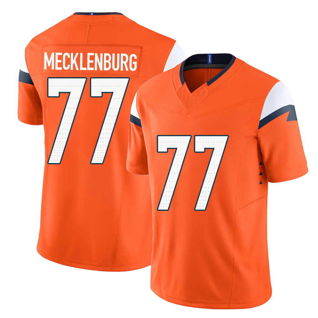Denver #77 Mecklenburg Player Football V Neck Short Sleeve Jersey Orange Karl For Men Youth Women Gift