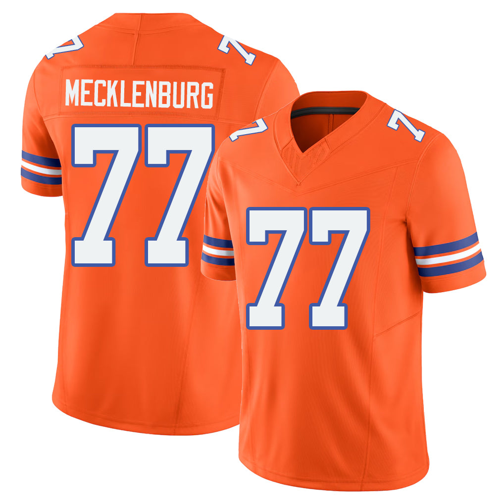 Denver #77 Mecklenburg Player Football V Neck Short Sleeve Orange Jersey Karl For Men Youth Women Gift