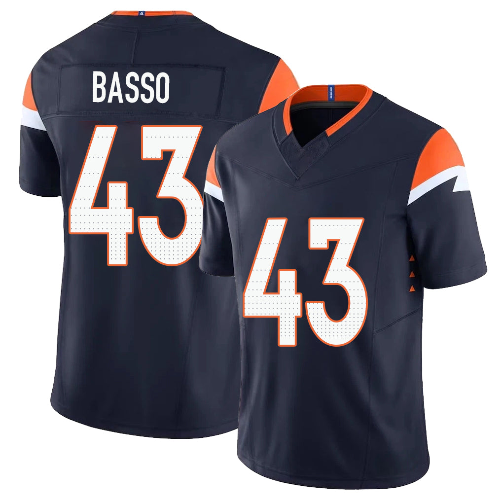 Denver #43 Basso Player Football V Neck Short Sleeve Navy Jersey Luke For Men Youth Women Gift