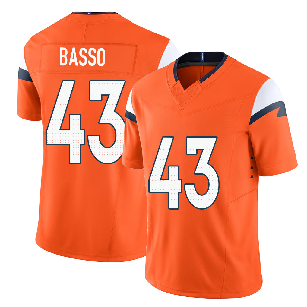 Denver #43 Basso Player Football V Neck Short Sleeve Jersey Orange Luke For Men Youth Women Gift