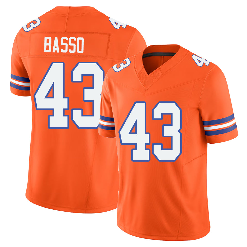 Denver #43 Basso Player Football V Neck Short Sleeve Orange Jersey Luke For Men Youth Women Gift