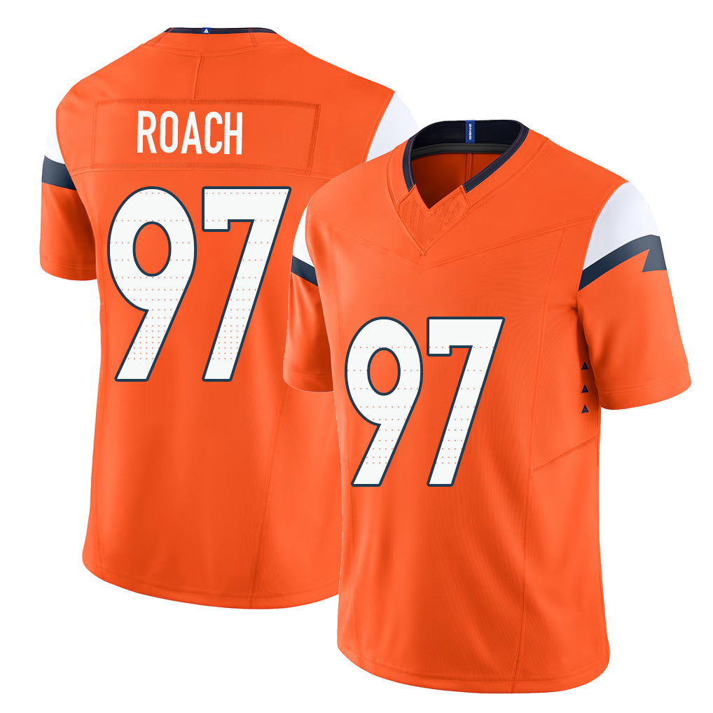 Denver #97 Roach Player Football V Neck Short Sleeve Jersey Orange Malcolm For Men Youth Women Gift