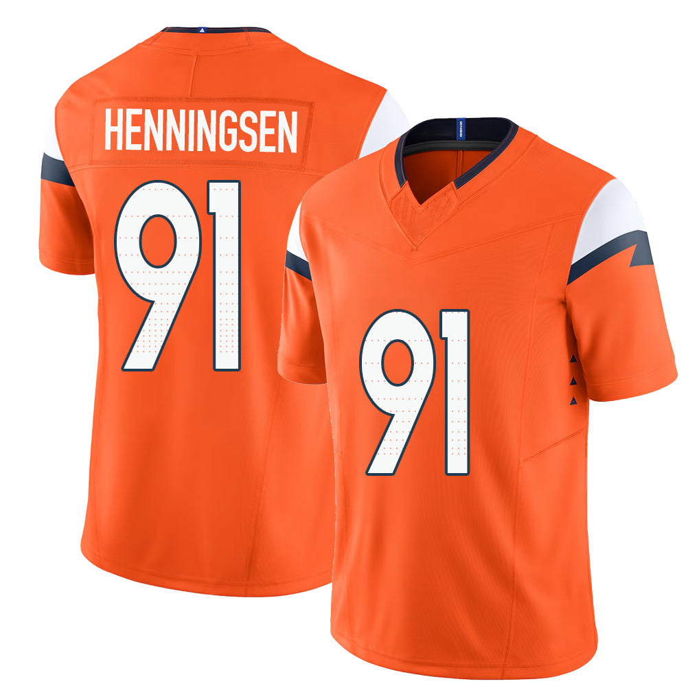 Denver #91 Henningsen Player Football V Neck Short Sleeve Jersey Orange Matt For Men Youth Women Gift