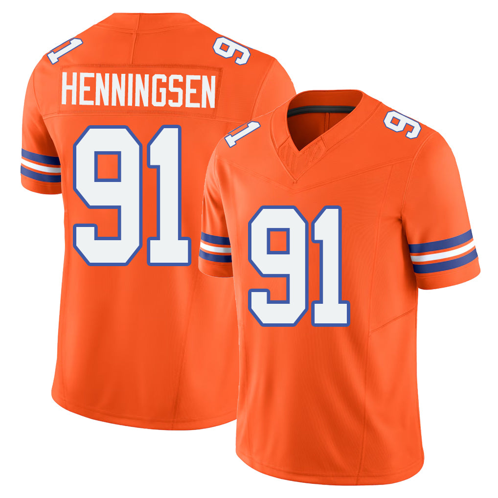 Denver #91 Henningsen Player Football V Neck Short Sleeve Orange Jersey Matt For Men Youth Women Gift