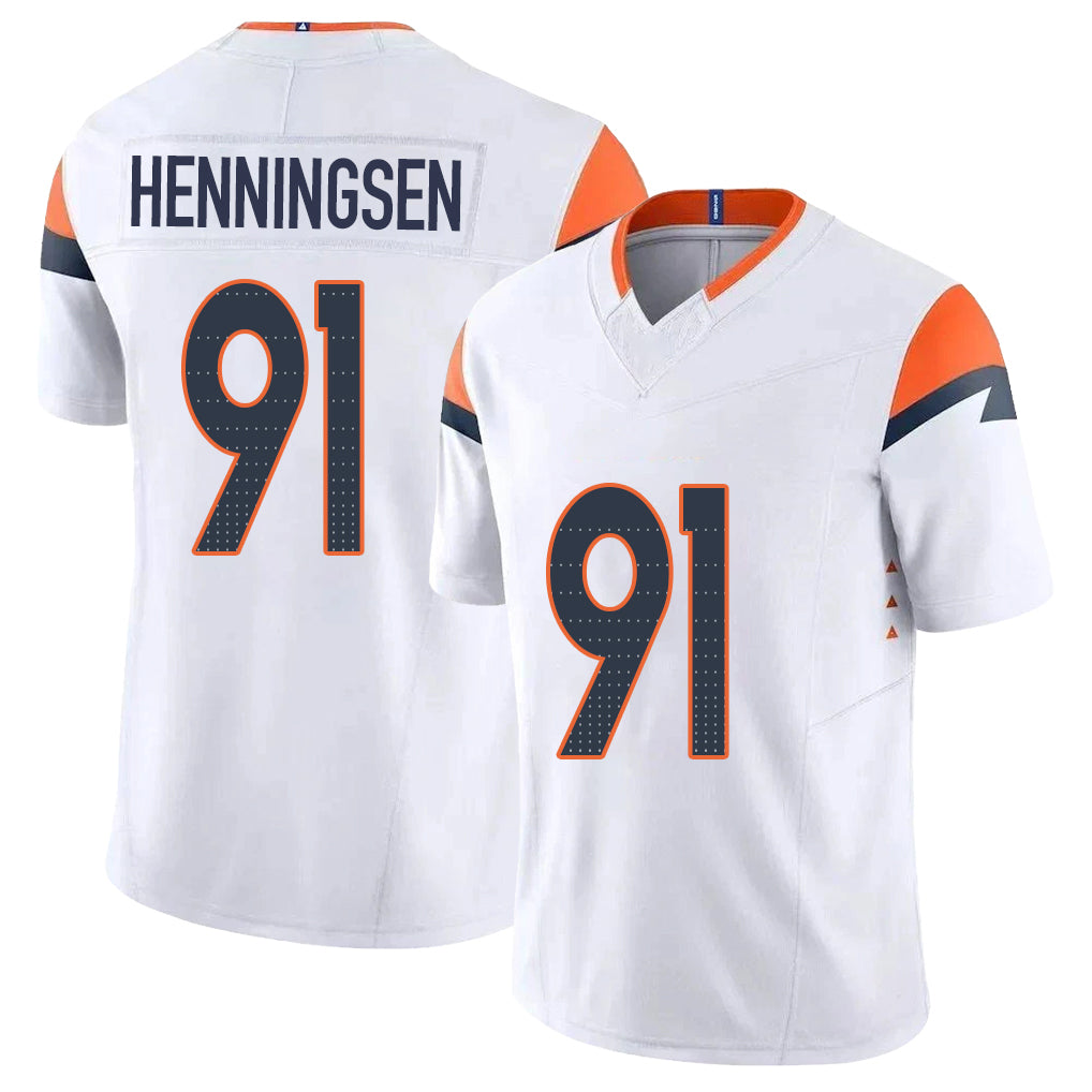 Denver #91 Henningsen Player Football V Neck Short Sleeve White Jersey Matt For Men Youth Women Gift