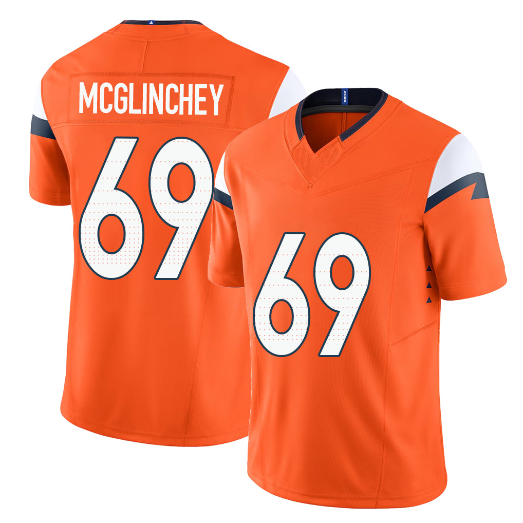 Denver #69 McGlinchey Player Football V Neck Short Sleeve Jersey Orange Mike For Men Youth Women Gift