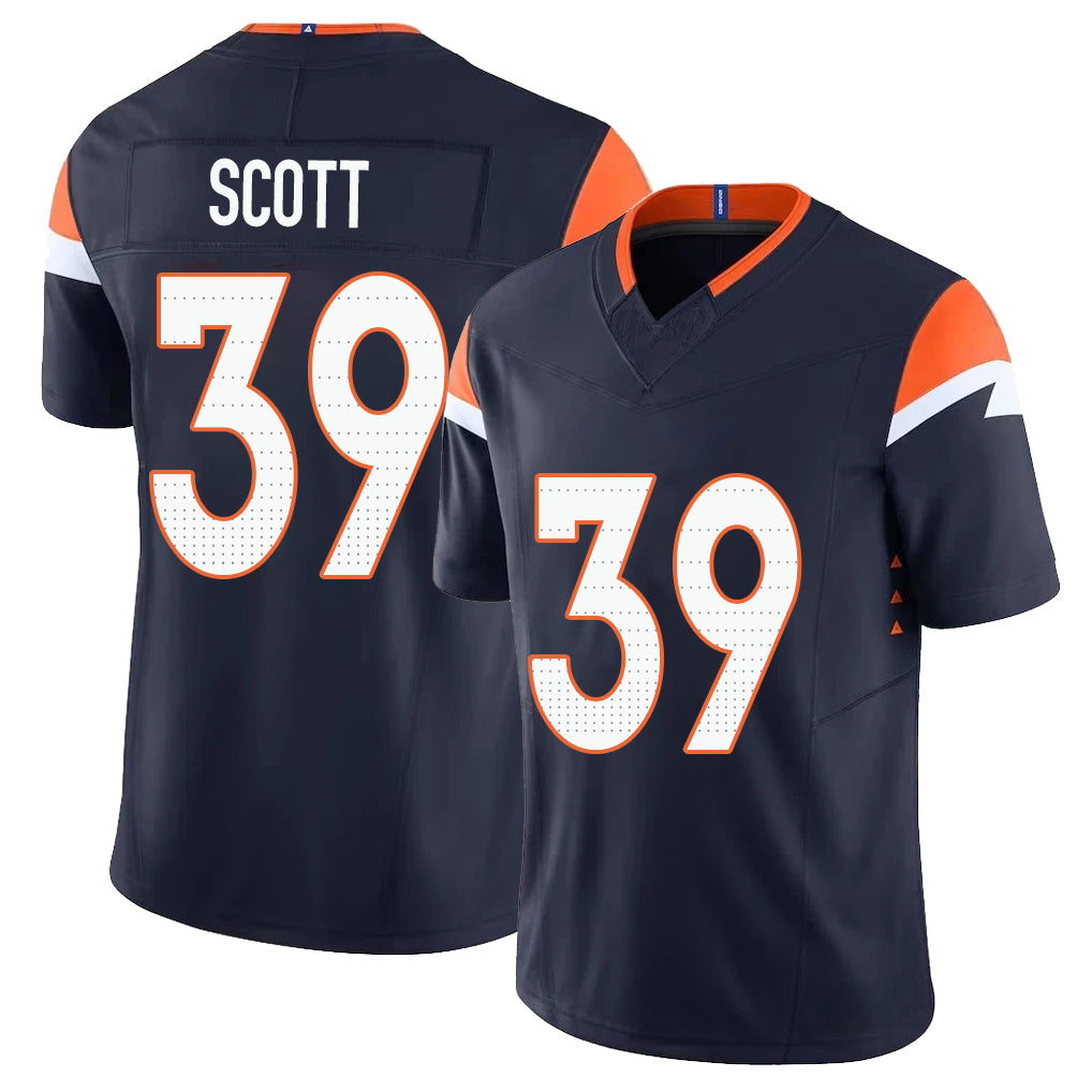 Denver #39 Scott Player Football V Neck Short Sleeve Navy Jersey Miles For Men Youth Women Gift
