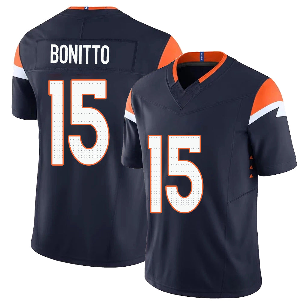 Denver #15 Bonitto Player Football V Neck Short Sleeve Navy Jersey Nik For Men Youth Women Gift