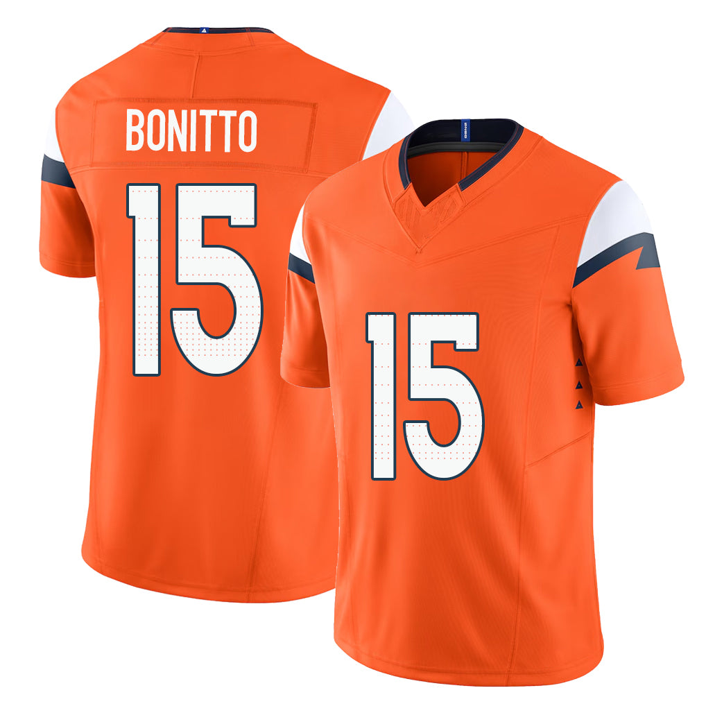 Denver #15 Bonitto Player Football V Neck Short Sleeve Jersey Orange Nik For Men Youth Women Gift