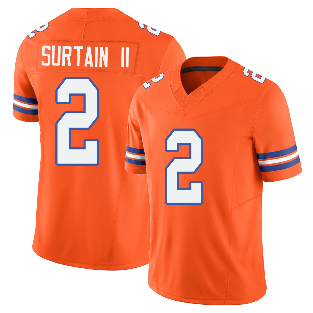Denver #2 Surtain II Player Football V Neck Short Sleeve Orange Jersey Pat For Men Youth Women Gift
