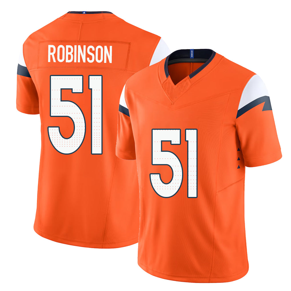 Denver #51 Robinson Player Football V Neck Short Sleeve Jersey Orange Que For Men Youth Women Gift