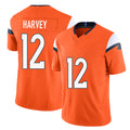 Denver #12 Harvey Player Football V Neck Short Sleeve Jersey Orange RJ For Men Youth Women Gift