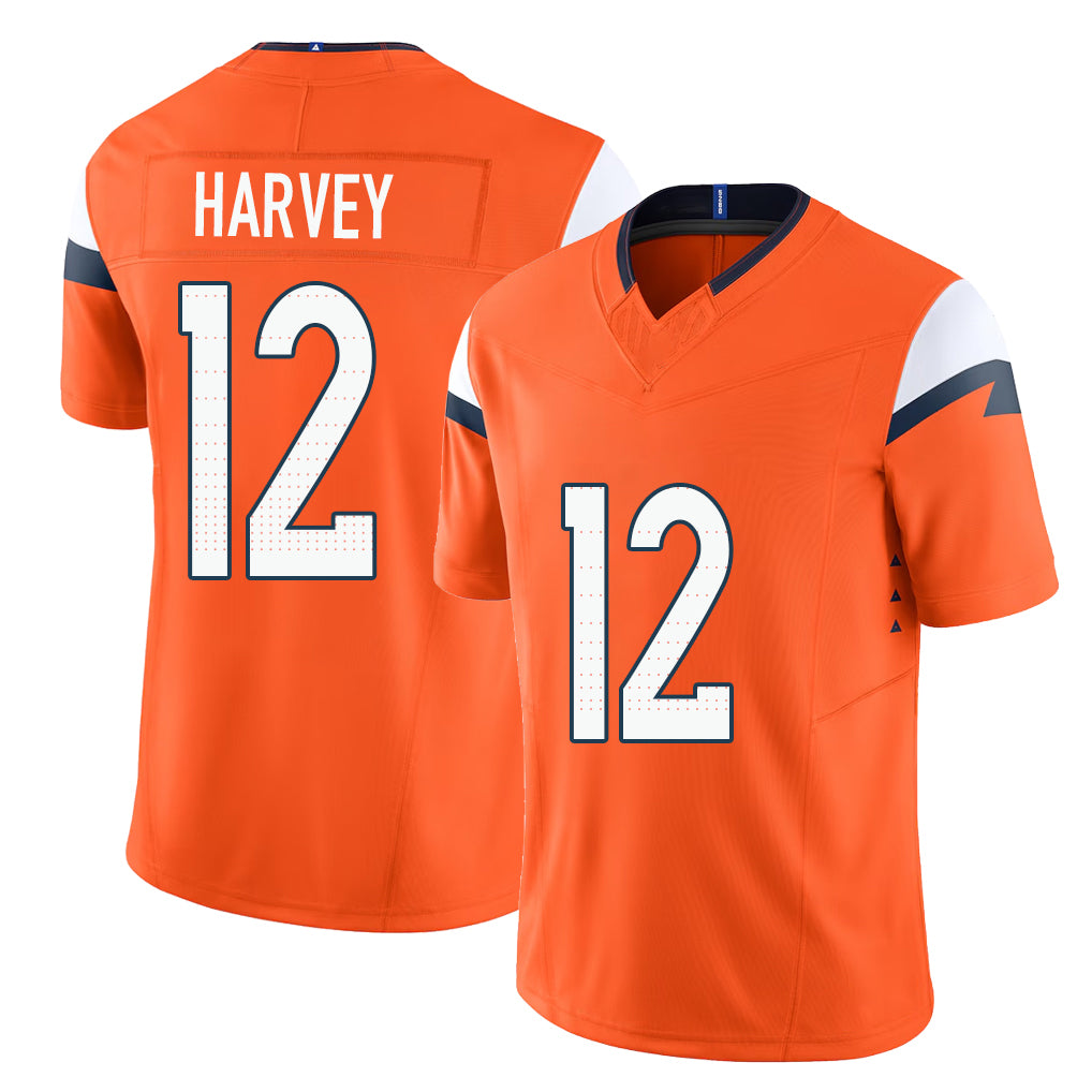 Denver #12 Harvey Player Football V Neck Short Sleeve Jersey Orange RJ For Men Youth Women Gift
