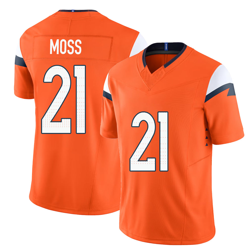 Denver #21 Moss Player Football V Neck Short Sleeve Jersey Orange Riley For Men Youth Women Gift
