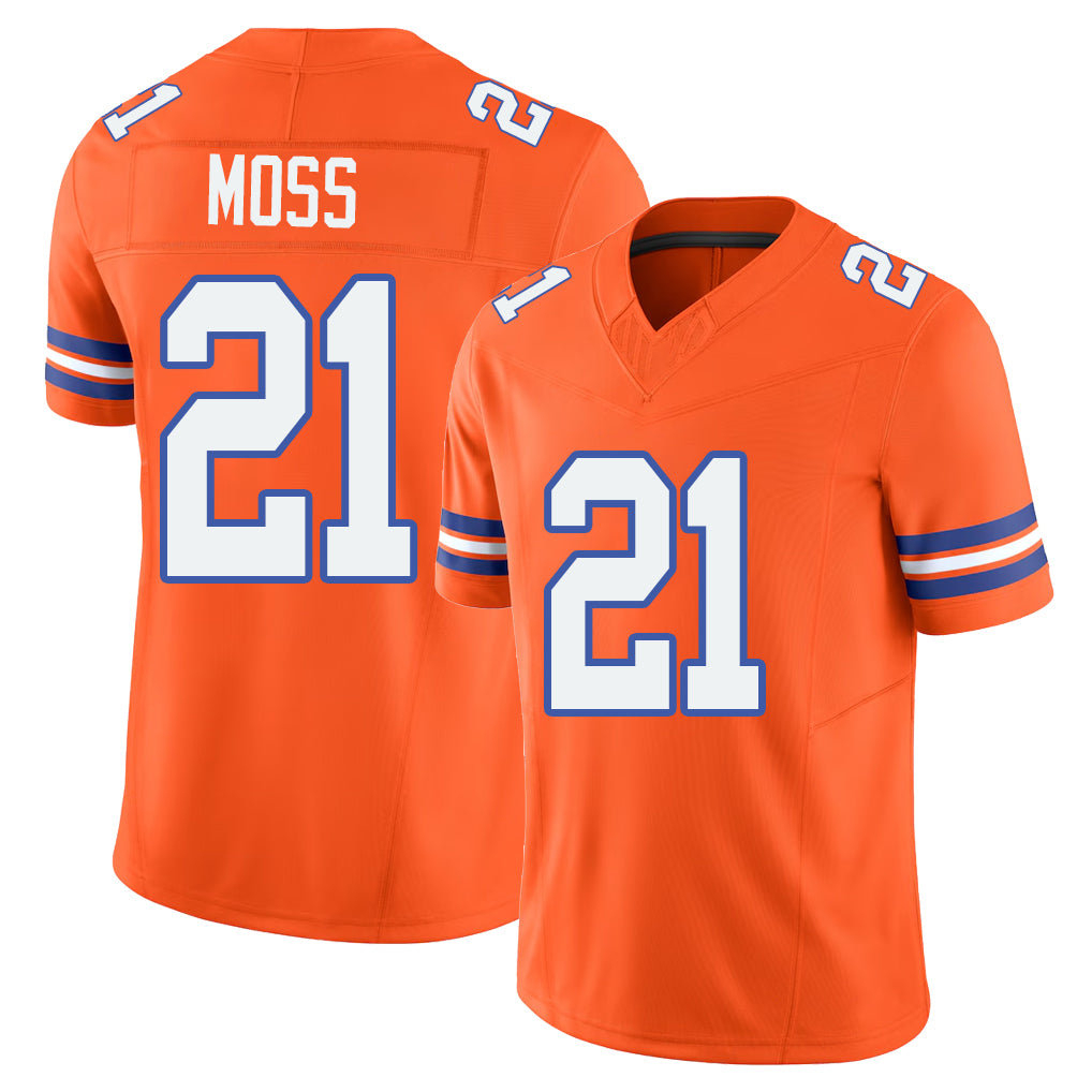 Denver #21 Moss Player Football V Neck Short Sleeve Orange Jersey Riley For Men Youth Women Gift