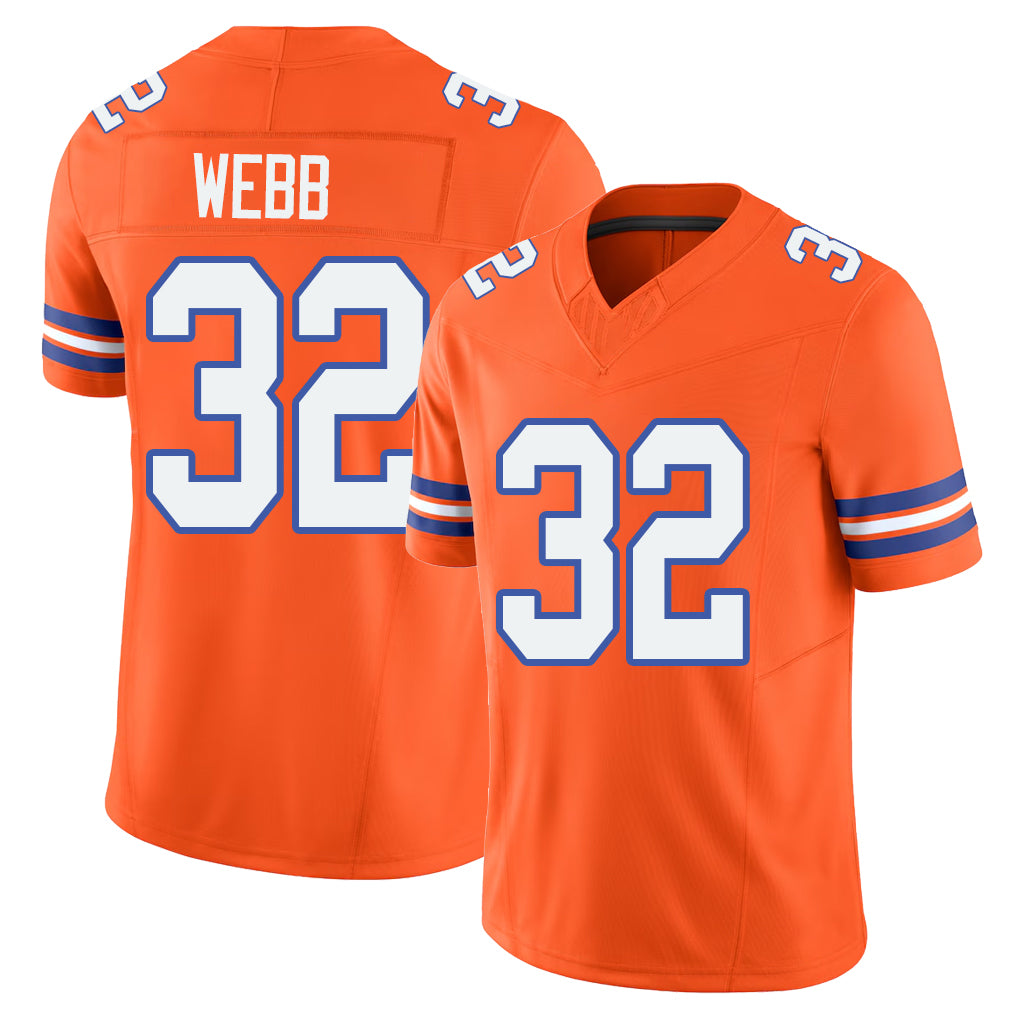 Denver #32 Webb Player Football V Neck Short Sleeve Orange Jersey Sam For Men Youth Women Gift