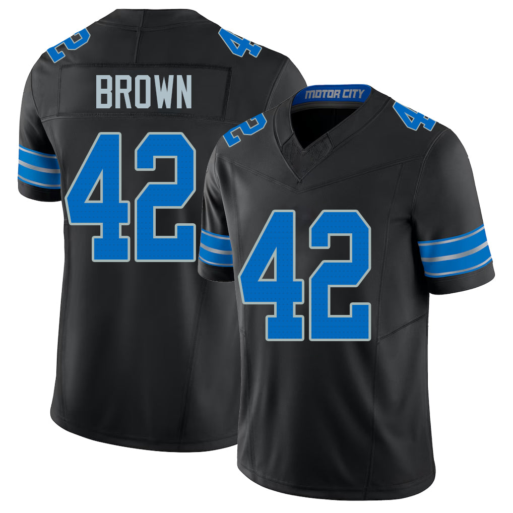 Detroit #42 Brown Player Football V Neck Short Sleeve Black Jersey Aamaris For Men Youth Women Gift