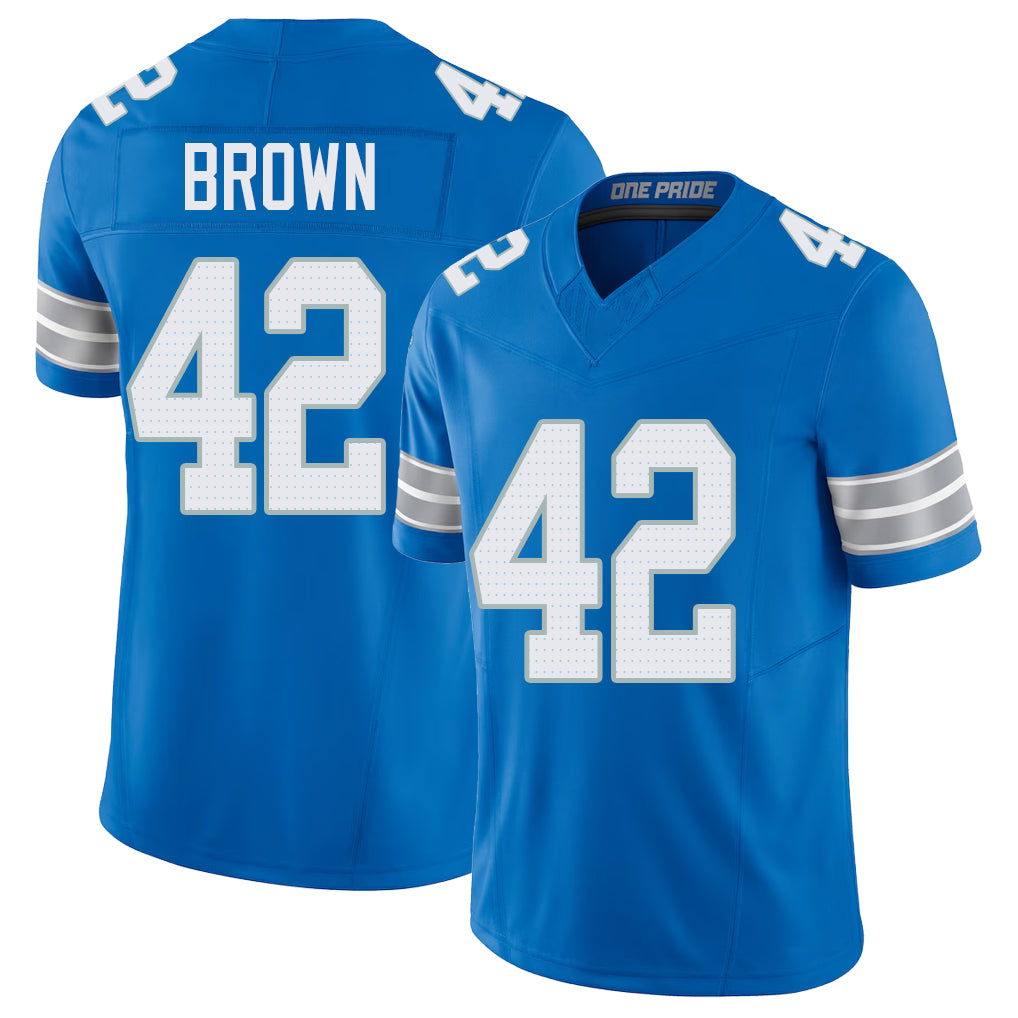 Detroit #42 Brown Player Football V Neck Short Sleeve Blue Jersey Aamaris For Men Youth Women Gift