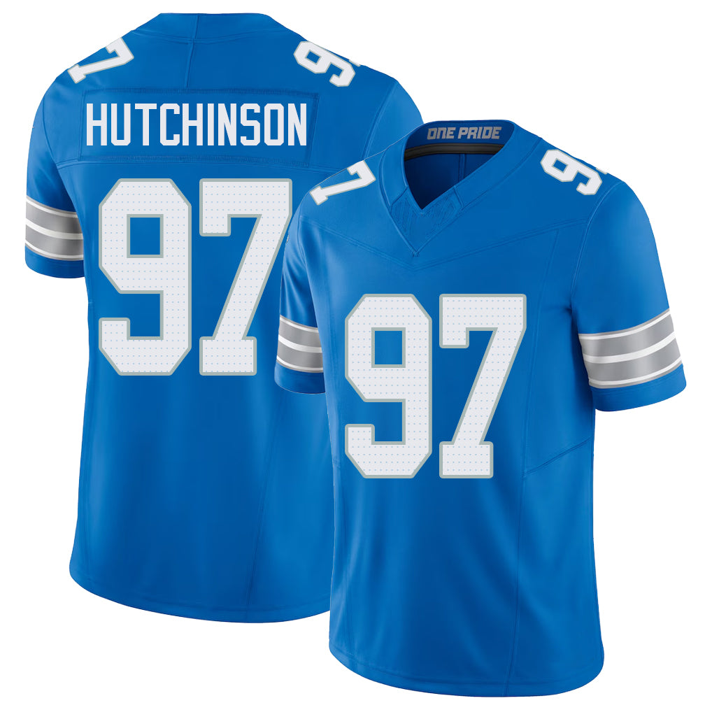 Detroit #97 Hutchinson Player Football V Neck Short Sleeve Blue Jersey Aidan For Men Youth Women Gift
