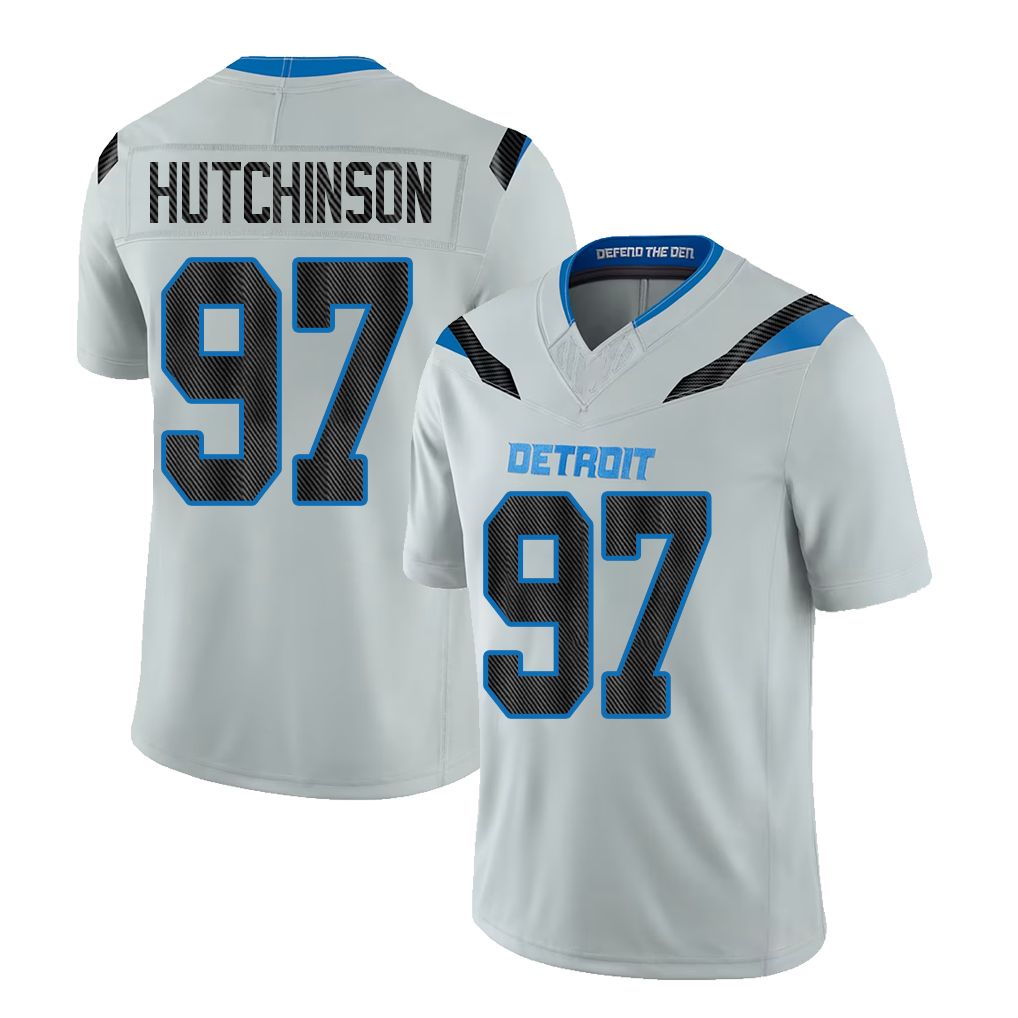 Detroit #97 Hutchinson Player Football V Neck Short Sleeve Silver Jersey Aidan For Men Youth Women Gift