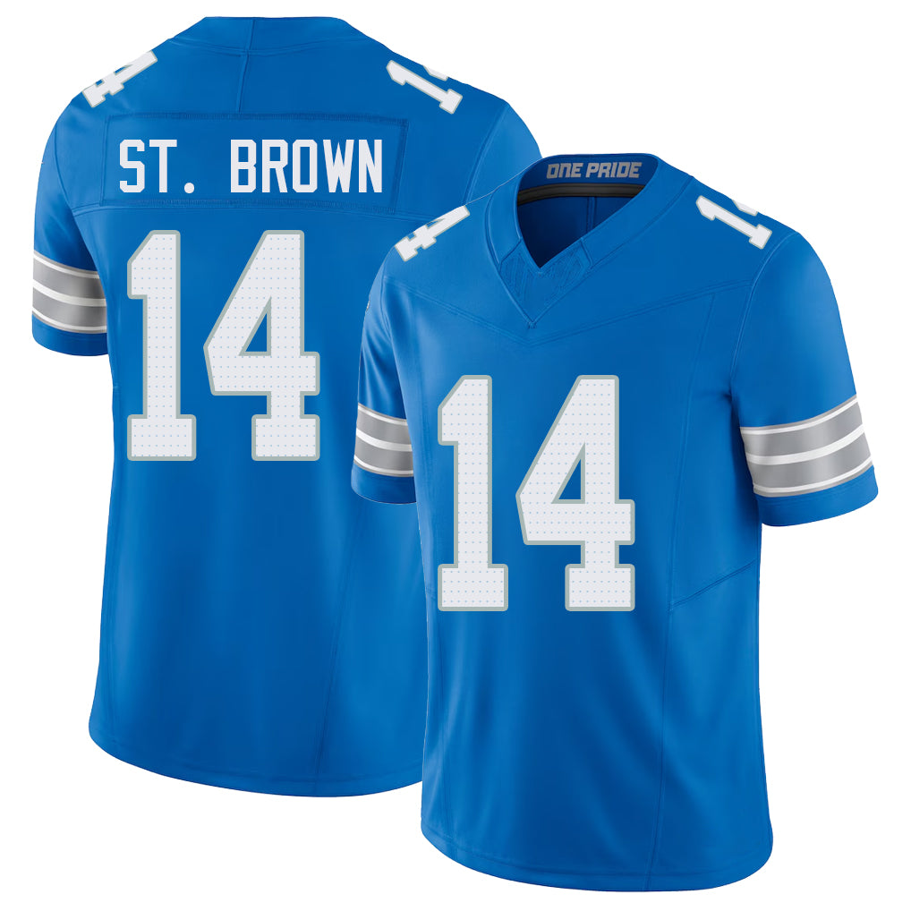 Detroit #14 St.Brown Player Football V Neck Short Sleeve Blue Jersey Amon-Ra For Men Youth Women Gift