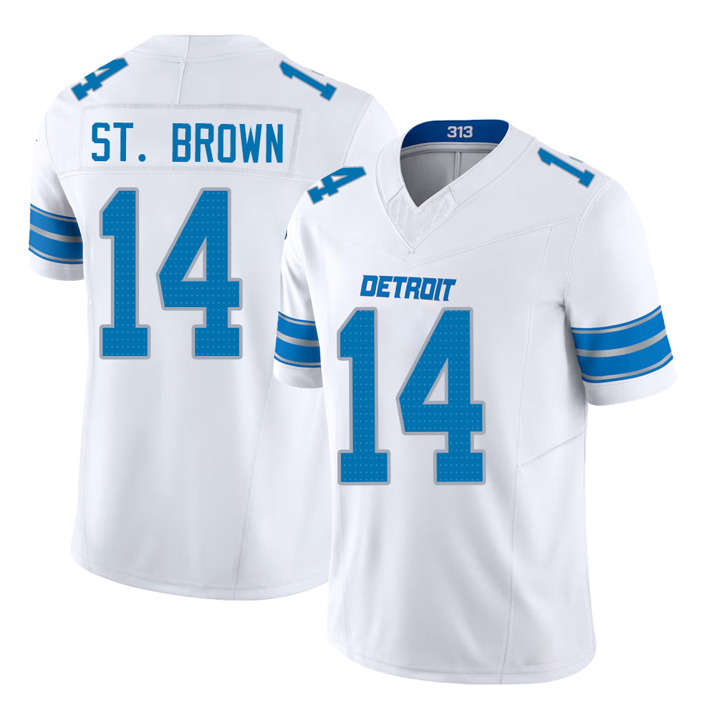 Detroit #14 St.Brown Player Football V Neck Short Sleeve White Jersey Amon-Ra For Men Youth Women Gift