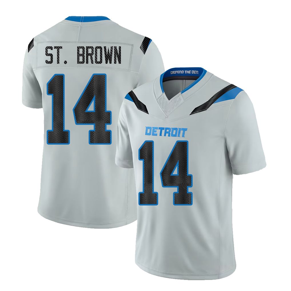 Detroit #14 St.Brown Player Football V Neck Short Sleeve Silver Jersey Amon-Ra For Men Youth Women Gift