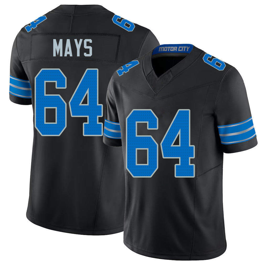 Detroit #64 Mays Player Football V Neck Short Sleeve Black Jersey Cade For Men Youth Women Gift