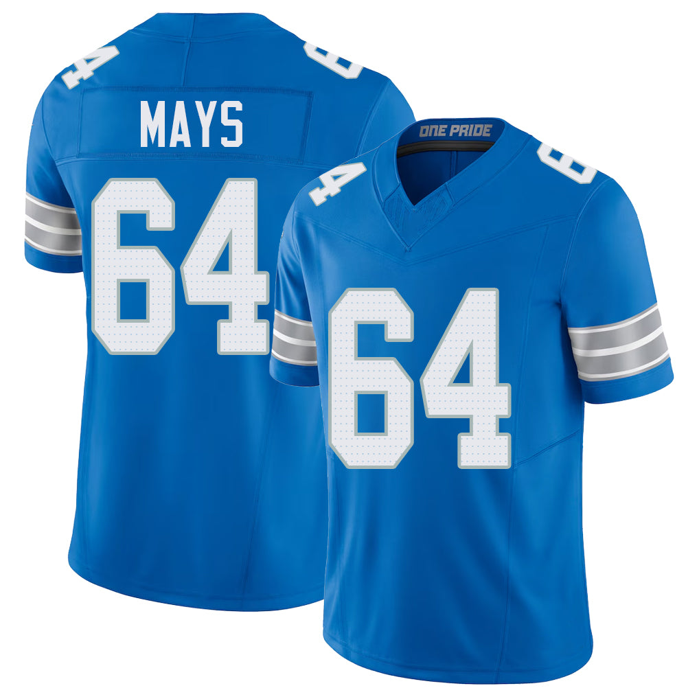 Detroit #64 Mays Player Football V Neck Short Sleeve Blue Jersey Cade For Men Youth Women Gift