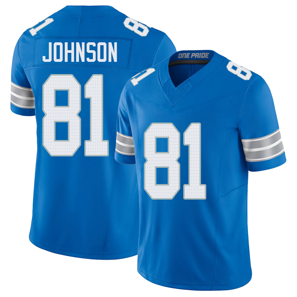 Detroit #81 Johnson Player Football V Neck Short Sleeve Blue Jersey Calvin For Men Youth Women Gift