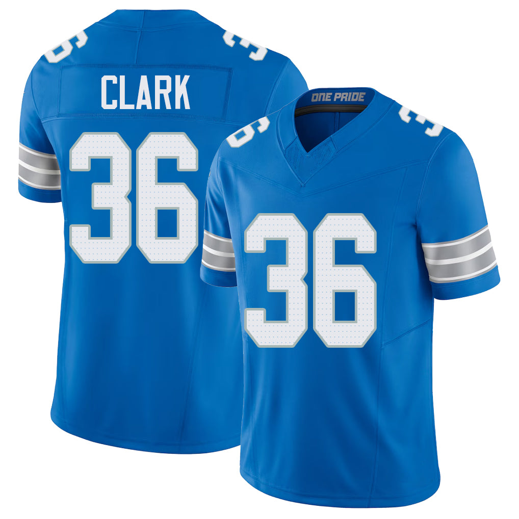Detroit #36 Clark Player Football V Neck Short Sleeve Blue Jersey Chuck For Men Youth Women Gift