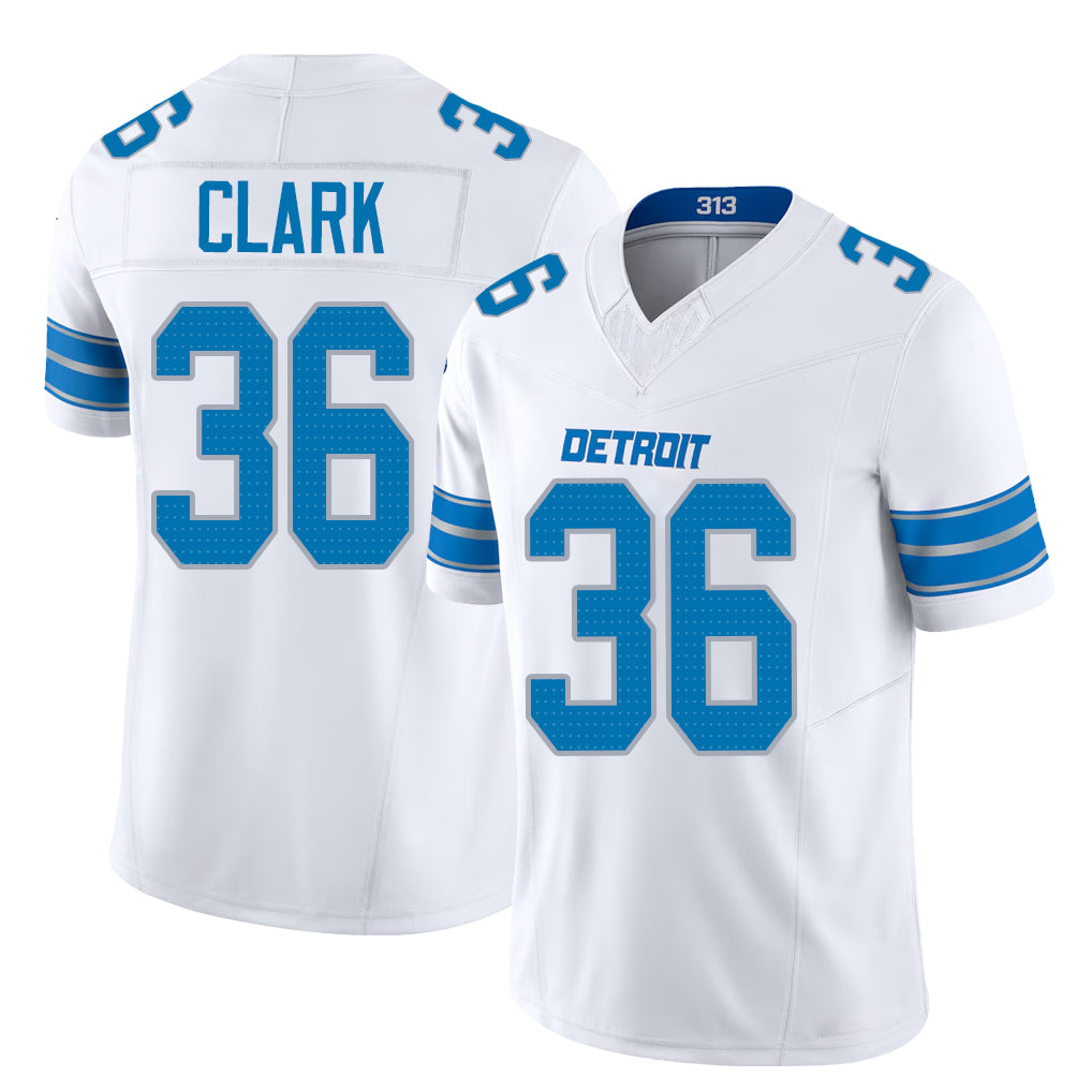 Detroit #36 Clark Player Football V Neck Short Sleeve White Jersey Chuck For Men Youth Women Gift