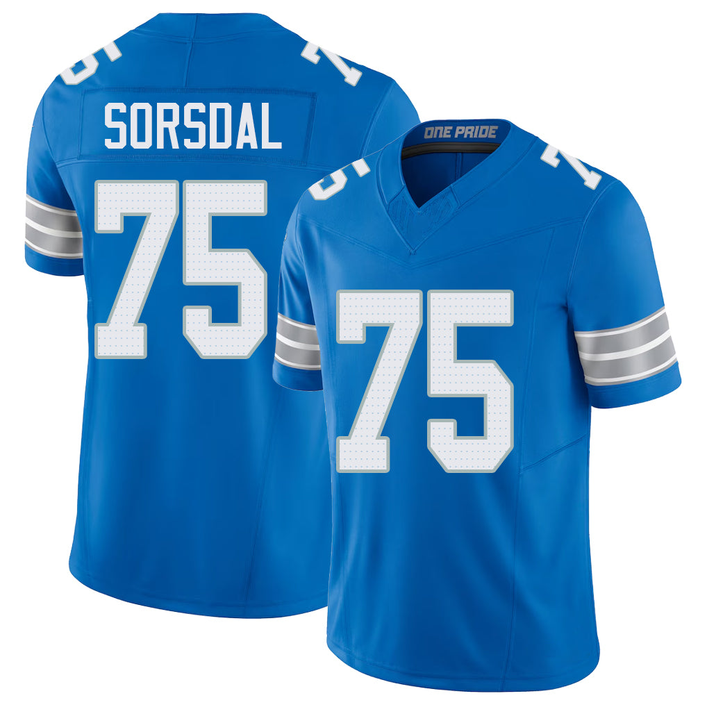 Detroit #75 Sorsdal Player Football V Neck Short Sleeve Blue Jersey Colby For Men Youth Women Gift