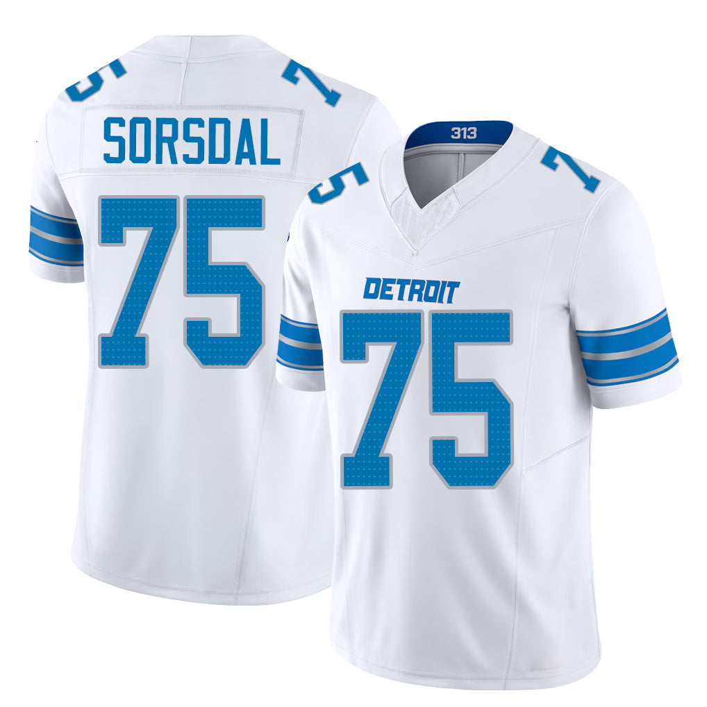 Detroit #75 Sorsdal Player Football V Neck Short Sleeve White Jersey Colby For Men Youth Women Gift