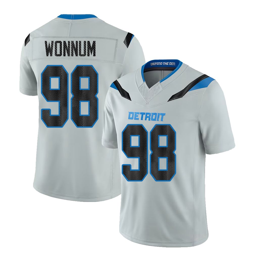 Detroit #98 Wonnum Player Football V Neck Short Sleeve Silver Jersey D.J. For Men Youth Women Gift