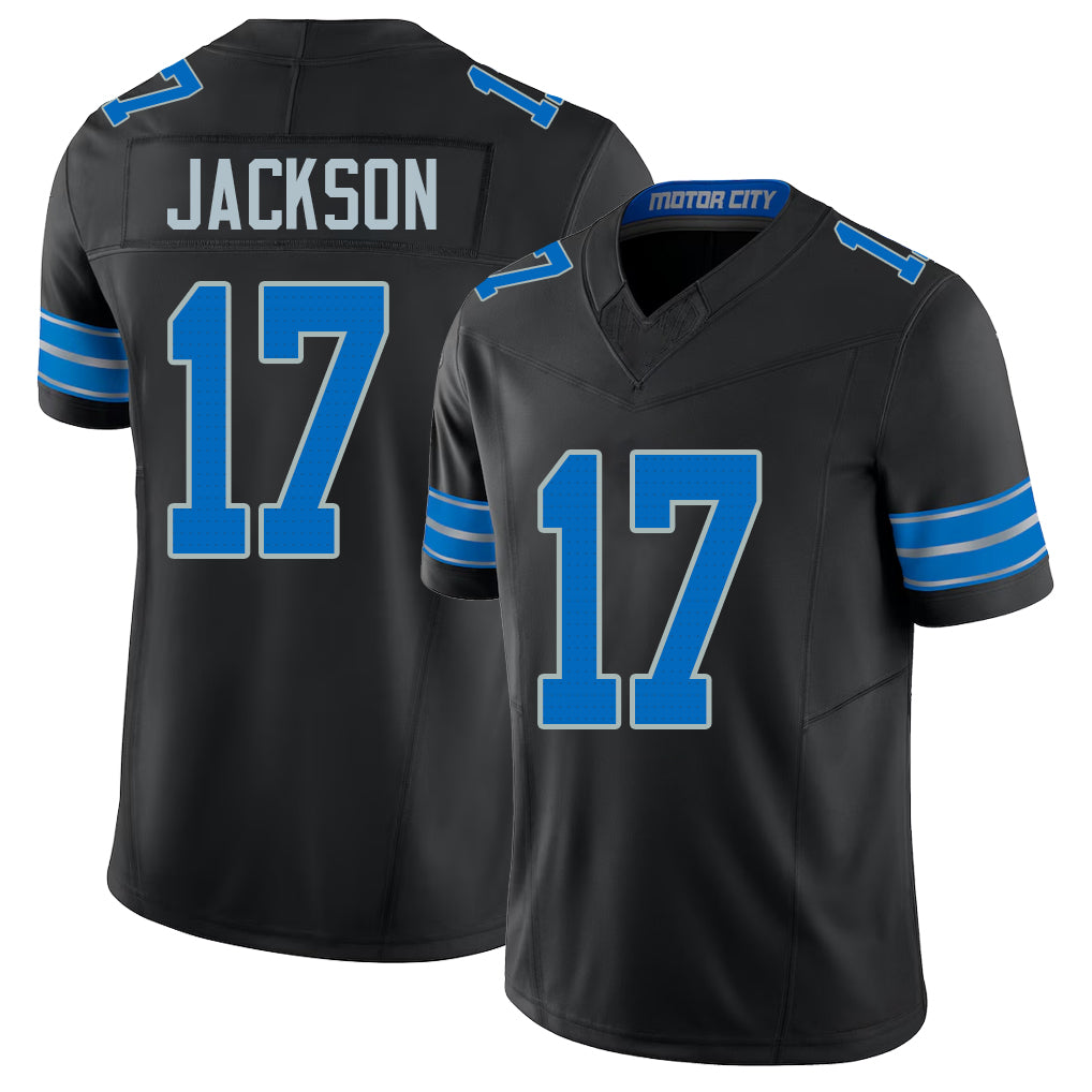 Detroit #17 Jackson Player Football V Neck Short Sleeve Black Jersey Dan For Men Youth Women Gift