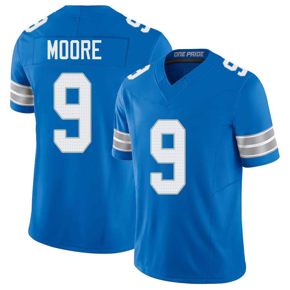 Detroit #9 Moore Player Football V Neck Short Sleeve Blue Jersey Derrick For Men Youth Women Gift