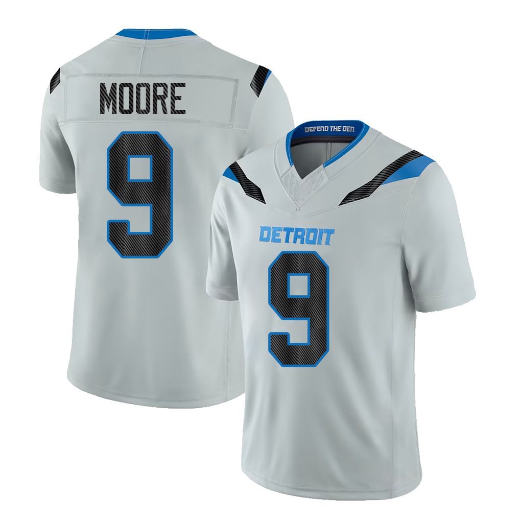 Detroit #9 Moore Player Football V Neck Short Sleeve Silver Jersey Derrick For Men Youth Women Gift