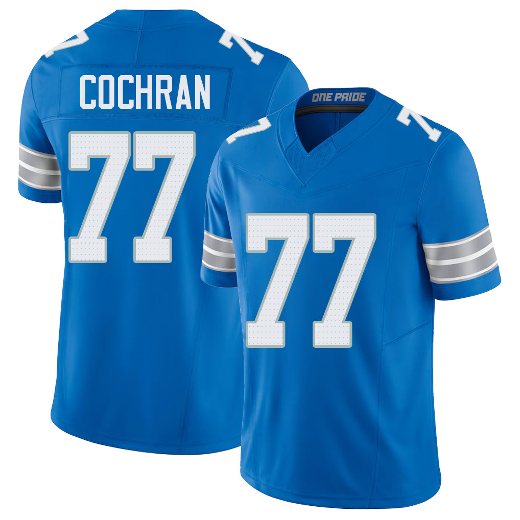 Detroit #77 Cochran Player Football V Neck Short Sleeve Blue Jersey Devin For Men Youth Women Gift