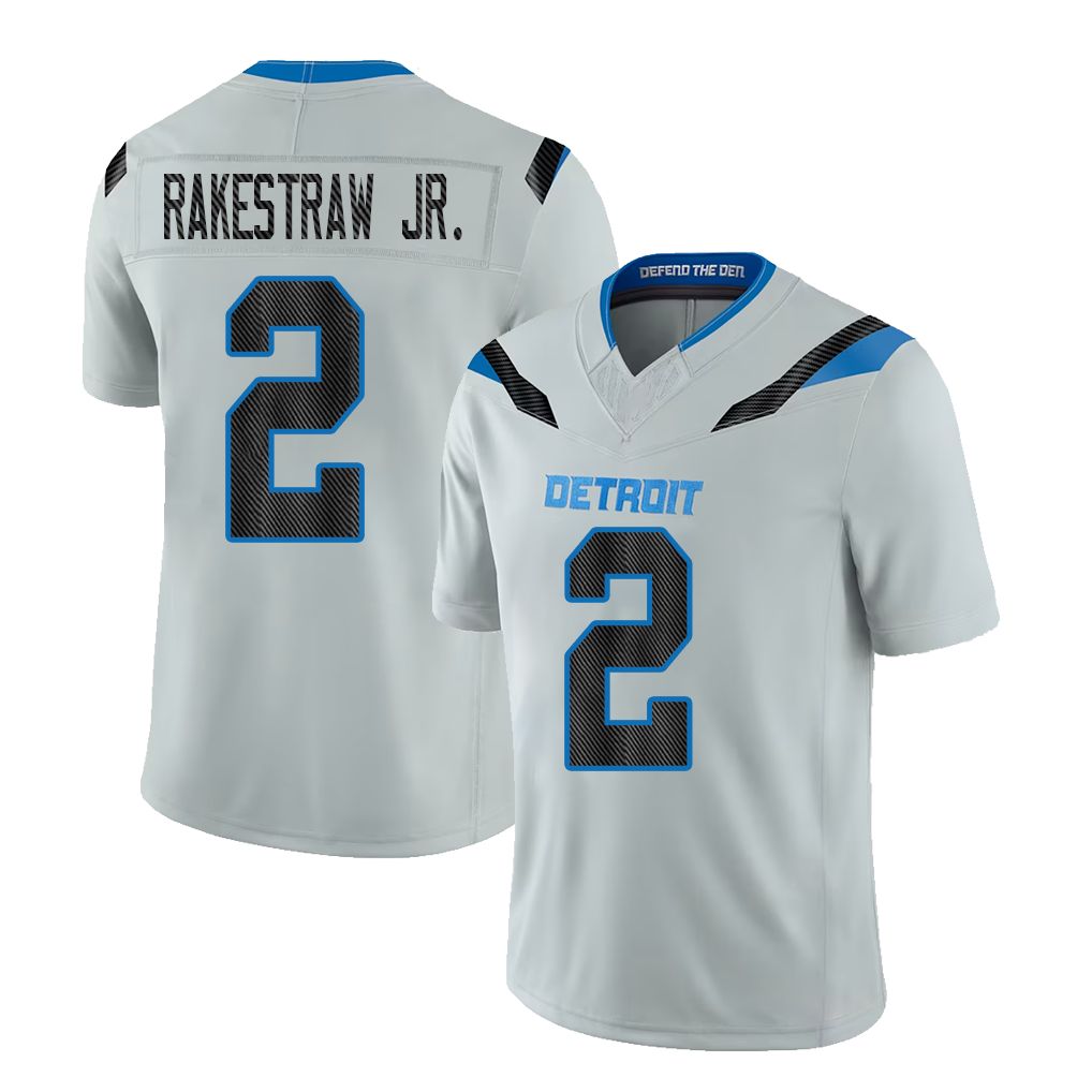 Detroit #2 Rakestraw Jr. Player Football V Neck Short Sleeve Silver Jersey Ennis For Men Youth Women Gift
