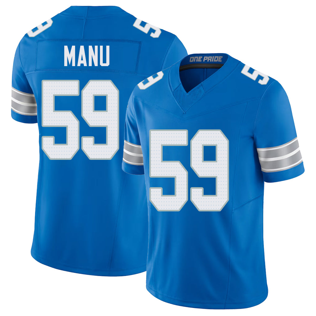 Detroit #59 Manu Player Football V Neck Short Sleeve Blue Jersey Giovanni For Men Youth Women Gift