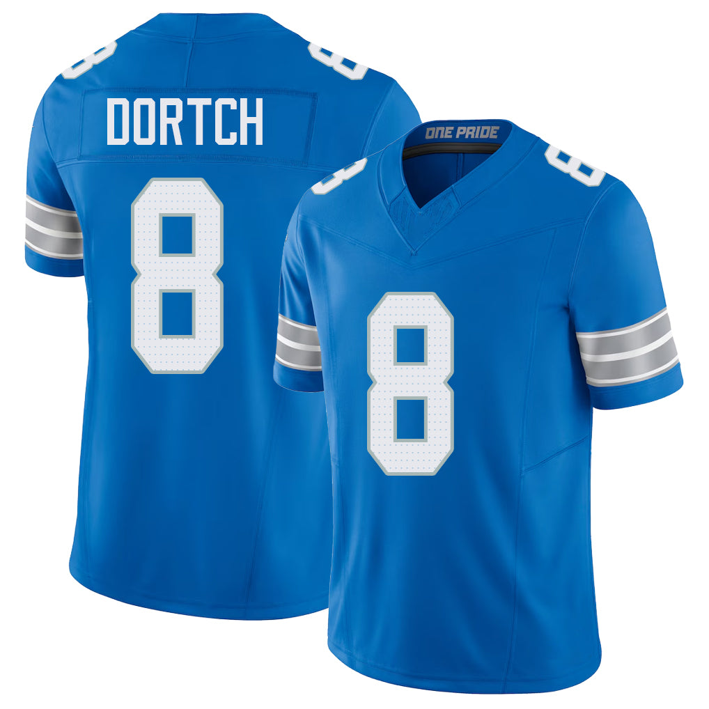 Detroit #8 Dortch Player Football V Neck Short Sleeve Blue Jersey Greg For Men Youth Women Gift