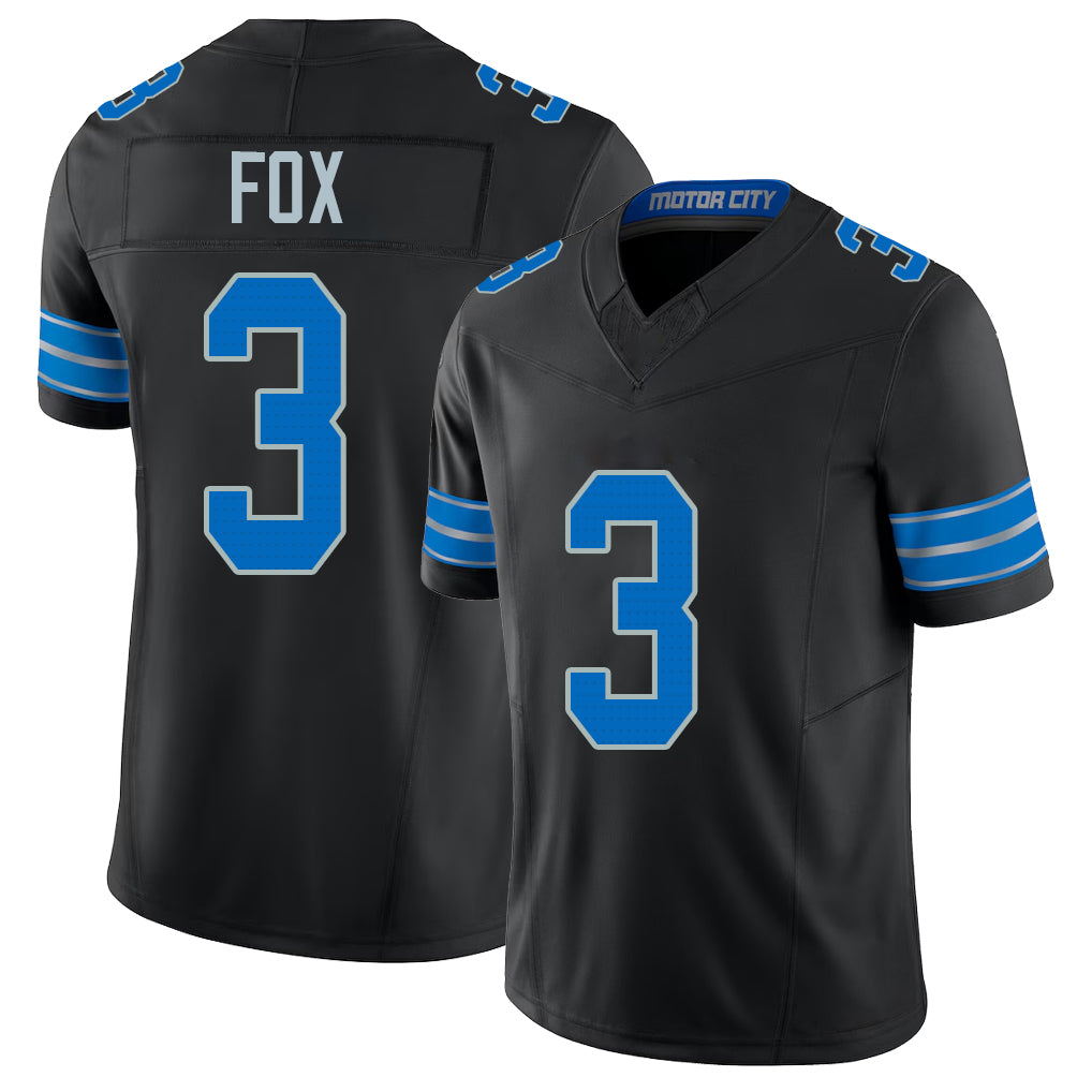 Detroit #3 Fox Player Football V Neck Short Sleeve Black Jersey Jack For Men Youth Women Gift