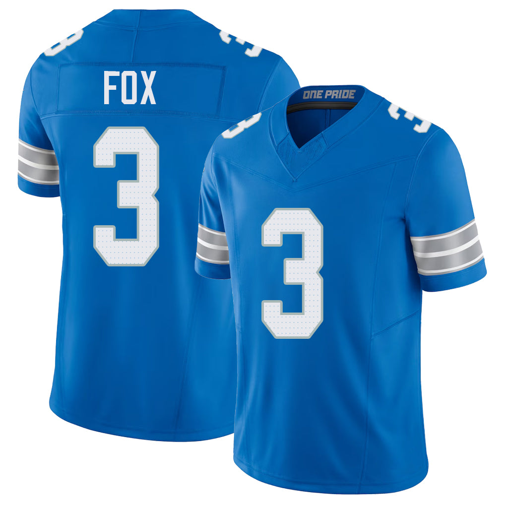 Detroit #3 Fox Player Football V Neck Short Sleeve Blue Jersey Jack For Men Youth Women Gift