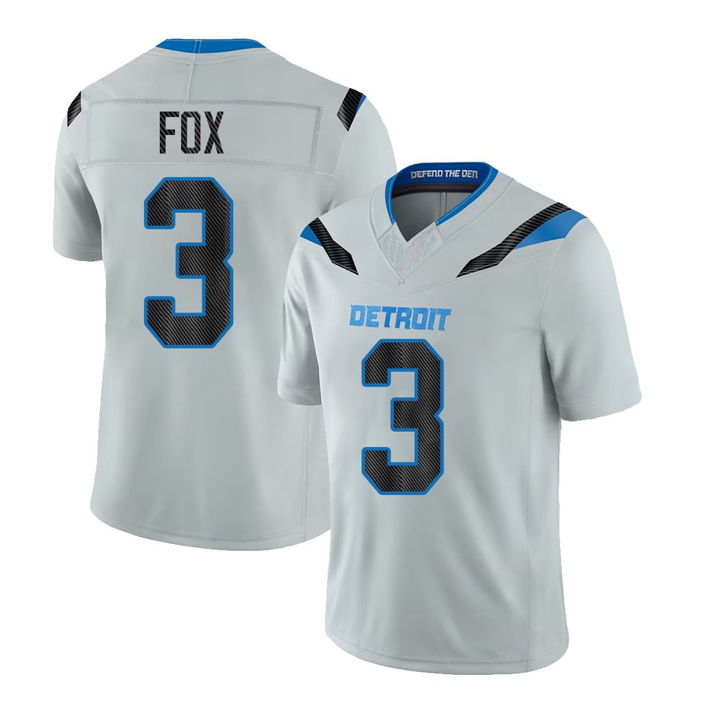 Detroit #3 Fox Player Football V Neck Short Sleeve Silver Jersey Jack For Men Youth Women Gift