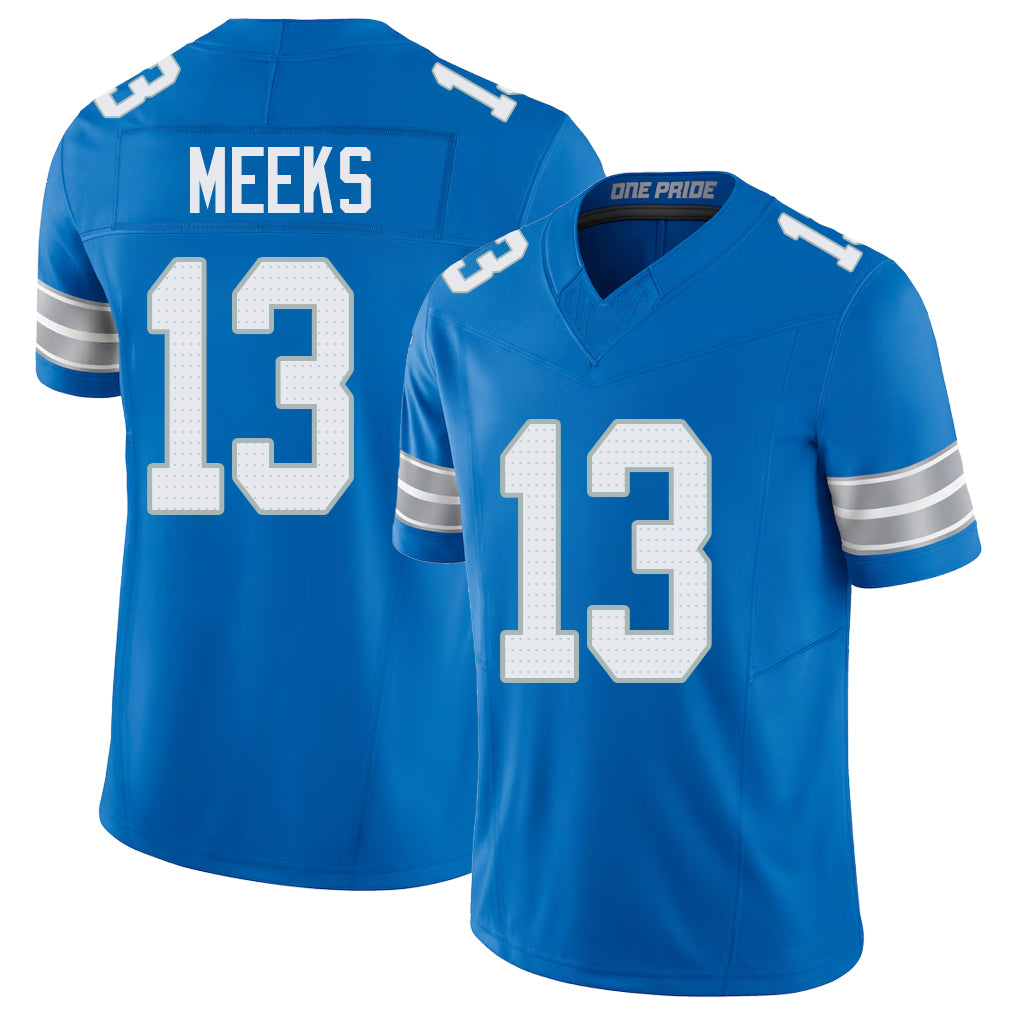 Detroit #13 Meeks Player Football V Neck Short Sleeve Blue Jersey Jackson For Men Youth Women Gift