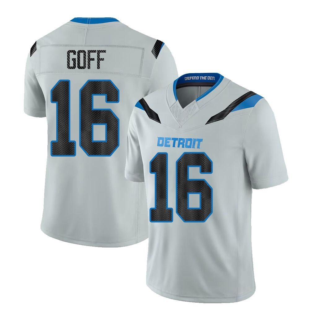 Detroit #16 Goff Player Football V Neck Short Sleeve Silver Jersey Jared For Men Youth Women Gift