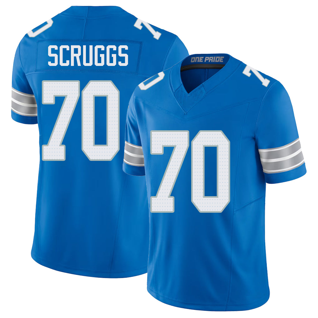 Detroit #70 Scruggs Player Football V Neck Short Sleeve Blue Jersey Juice For Men Youth Women Gift